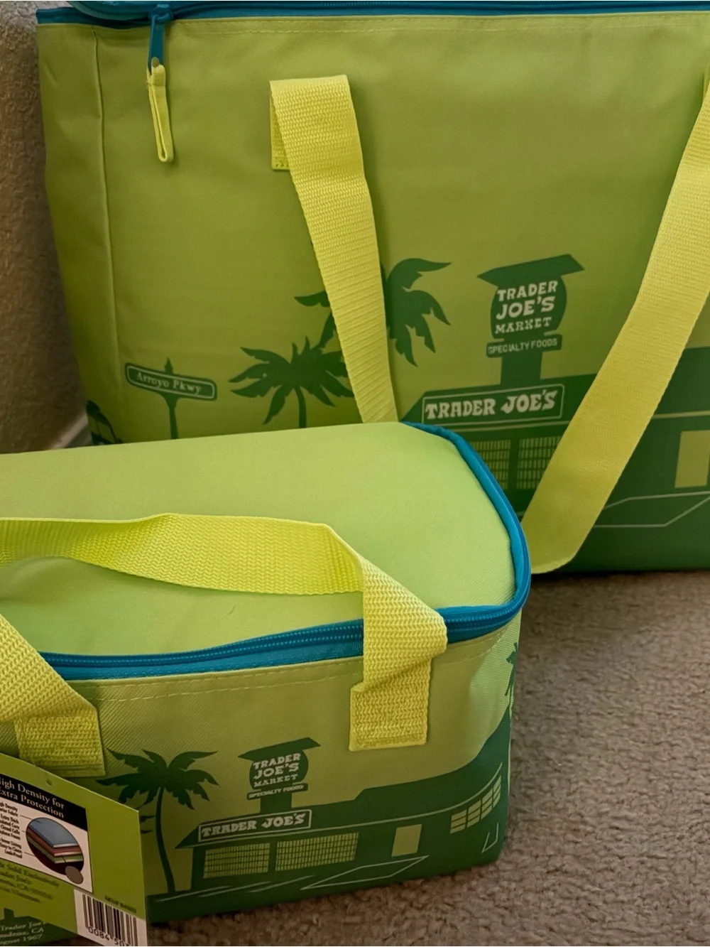 Trader Joe’s Lime Green Insulated Cooler large and small Tote - Set of 2